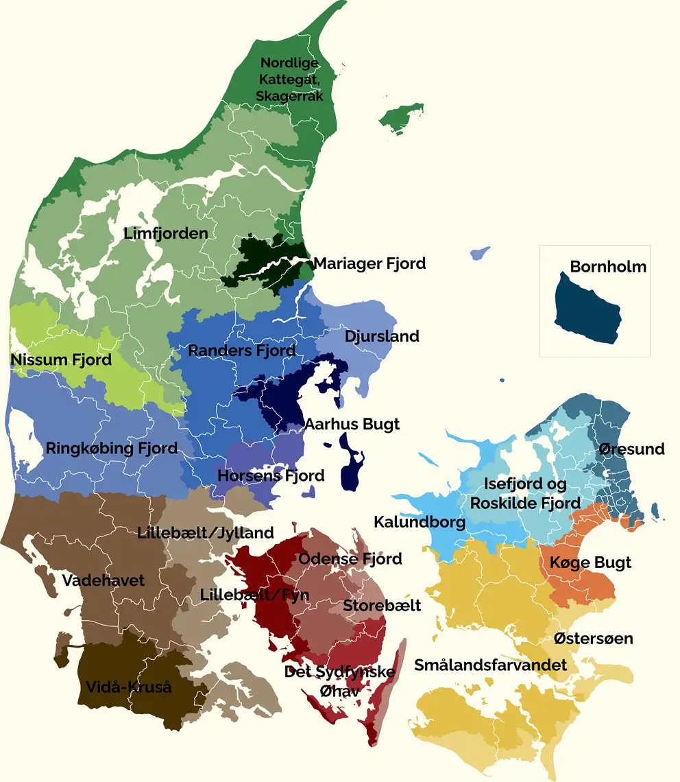 Billedet illustrerer de lokale treparters inddeling på Danmarkskortet. Billedet viser en inddelingen af landkortet i 23 forskellige deler.. 